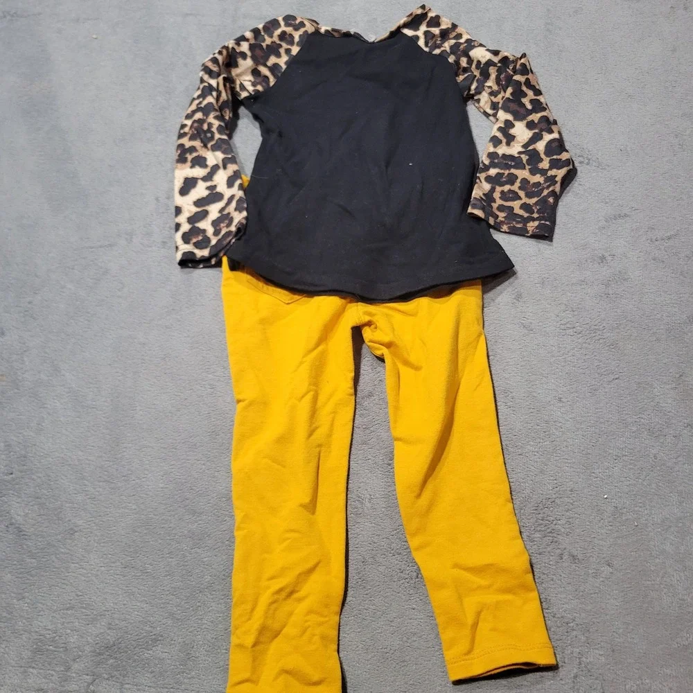 Boutique Girls 3T Yellow Black Leopard Blessed Raglan Top Leggings Outfit Set‎